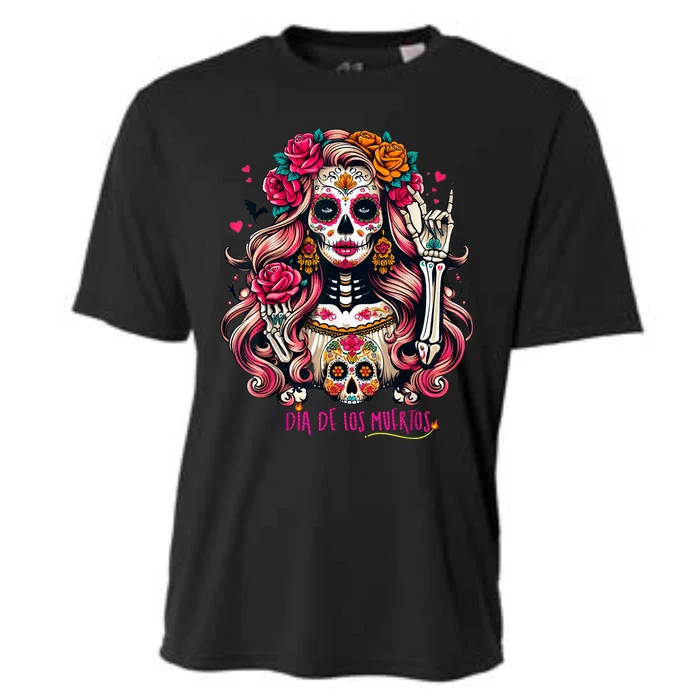 Skull Girl Halloween Dia De Los Muertos Mexican Sugar Cooling Performance Crew T-Shirt