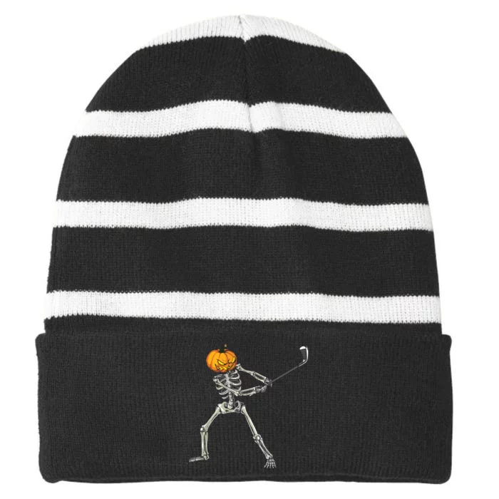 Skeleton Golf Halloween Pumpkin Golfing Golfer Striped Beanie with Solid Band