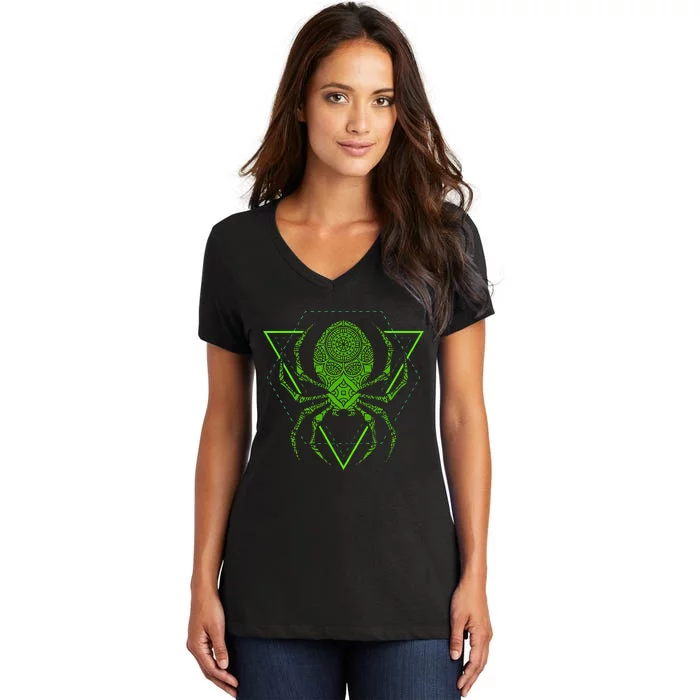 Sacred Geometry Halloween Spider Tribal Tattoo Mandala Women's V-Neck T-Shirt