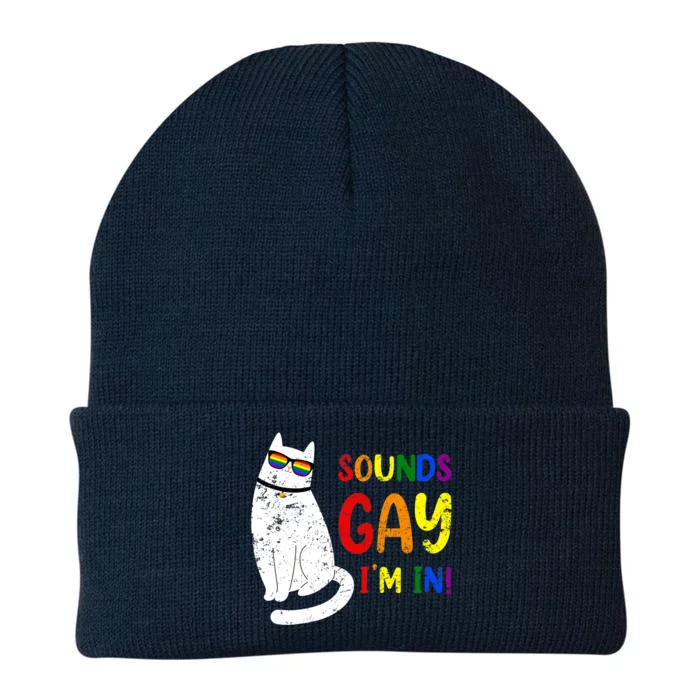 Sounds Gay I Am In Chonk Cat Funny Kitty LGBT Pride Rainbow Knit Cap Winter Beanie