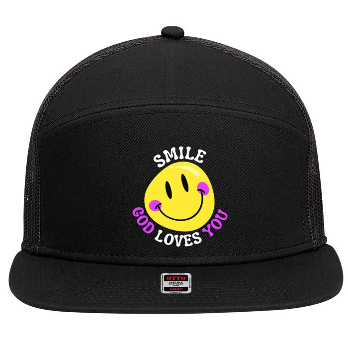 Smile God Loves You Happy Faith Love Jesus Christ VBS Cute 7 Panel Mesh Trucker Snapback Hat