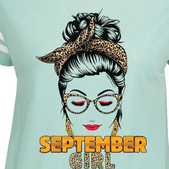 September Girl My Birthday Leopard Messy Bun Enza Ladies Jersey Football T-Shirt