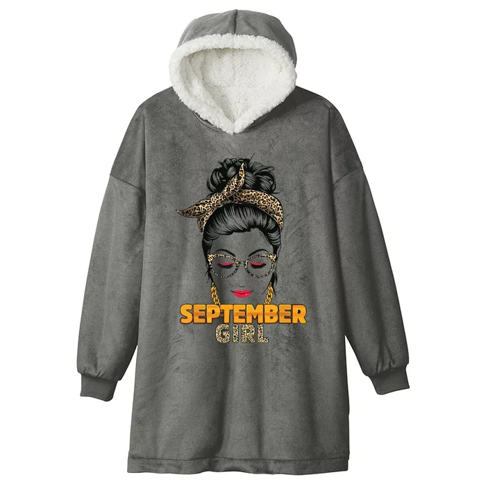 September Girl My Birthday Leopard Messy Bun Hooded Wearable Blanket