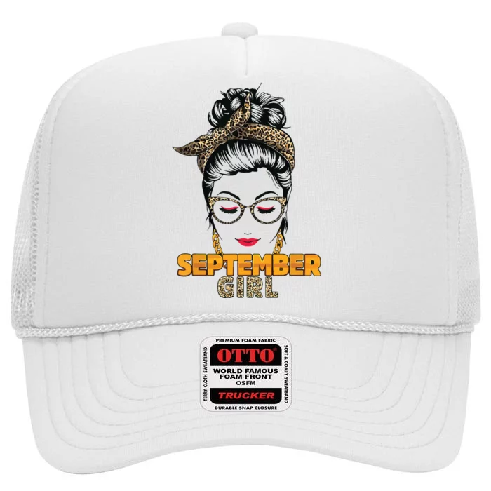 September Girl My Birthday Leopard Messy Bun High Crown Mesh Trucker Hat