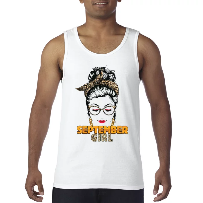 September Girl My Birthday Leopard Messy Bun Tank Top