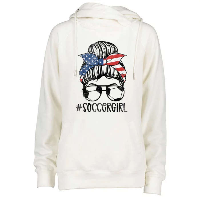 Soccer Girl Messy Hair Bun United States Football Womens Funnel Neck Pullover Hood