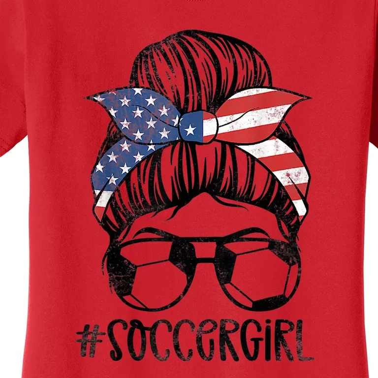 Soccer Girl Messy Hair Bun United States Football Women's T-Shirt