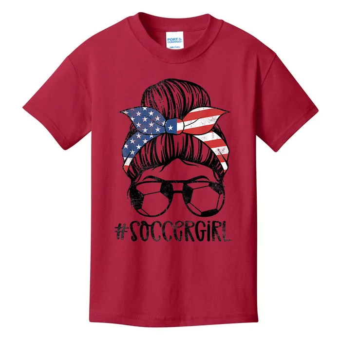 Soccer Girl Messy Hair Bun United States Football Kids T-Shirt