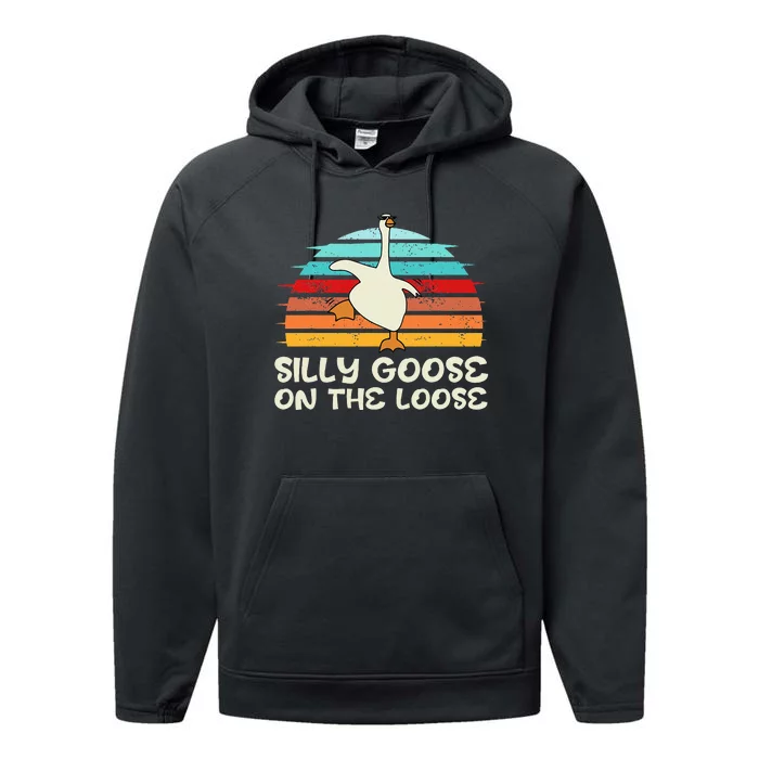 Silly Goose On The Loose Retro Sunset Funny Quote Gift Performance Fleece Hoodie