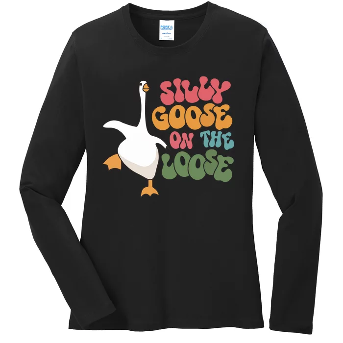 Silly Goose On The Loose Retro Groovy Silly Goose Club Ladies Long Sleeve Shirt