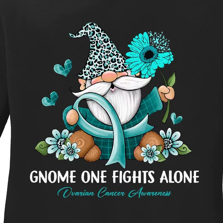 Sunflower Gnome One Fights Alone Ovarian Cancer Awareness Ladies Long Sleeve Shirt