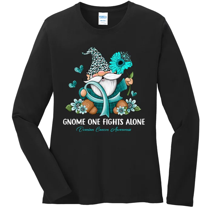 Sunflower Gnome One Fights Alone Ovarian Cancer Awareness Ladies Long Sleeve Shirt