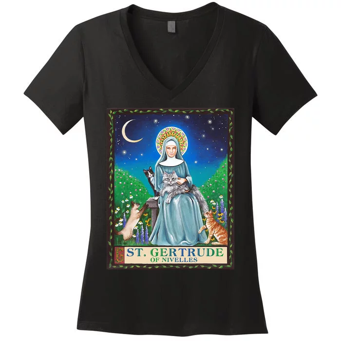 St. Gertrude Of Nivelles Patron Saint Of Cats Lovers Gifts Women's V-Neck T-Shirt