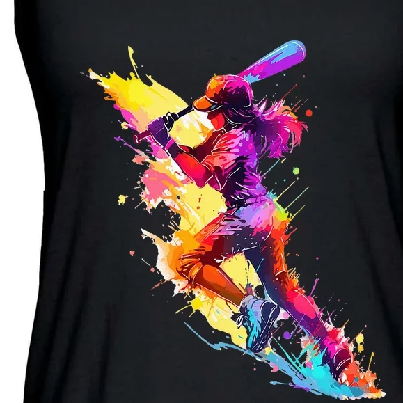 Softball girl paint splash Baseball woman Ladies Essential Flowy Tank