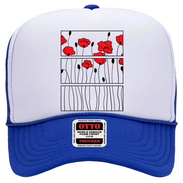 Soft Grunge Poppy Flower Black And Red High Crown Mesh Trucker Hat