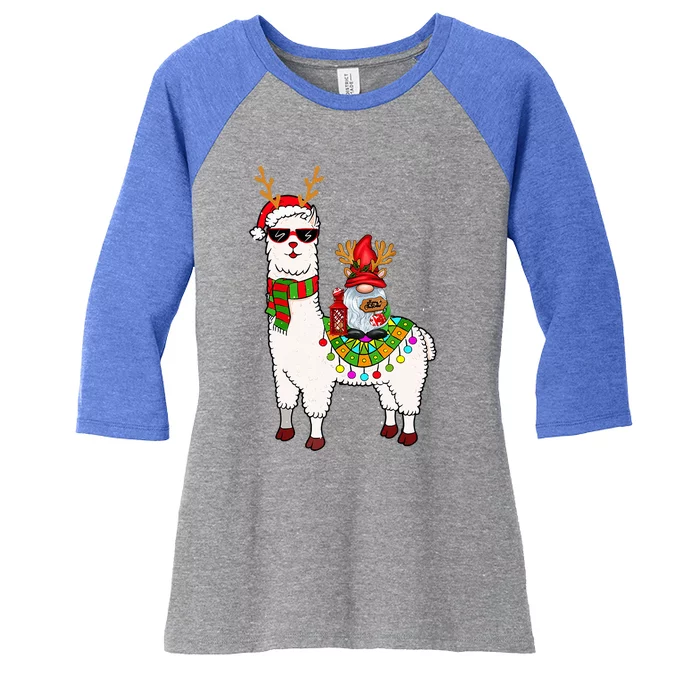 Santa Gnomes Riding Llama Reindeer Christmas Lights Women's Tri-Blend 3/4-Sleeve Raglan Shirt