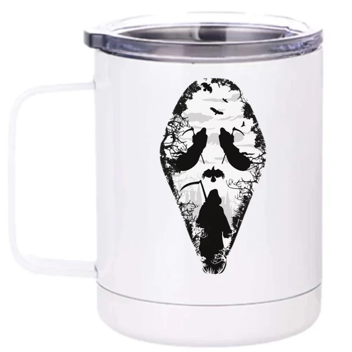 Scary Grim Reaper Halloween Scream Mask Horror Design Front & Back 12oz Stainless Steel Tumbler Cup