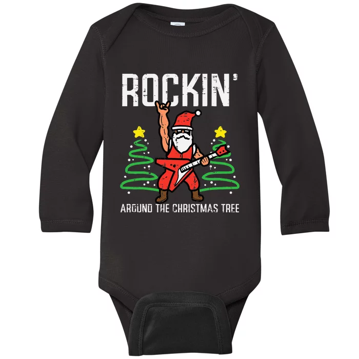 Santa Guitar Rockin Christmas Tree Funny Xmas Rocker Baby Long Sleeve Bodysuit