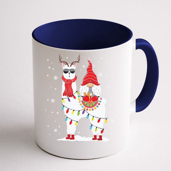 Santa Gnomes Riding Llama Reindeer Christmas Lights Front & Back Coffee Mug