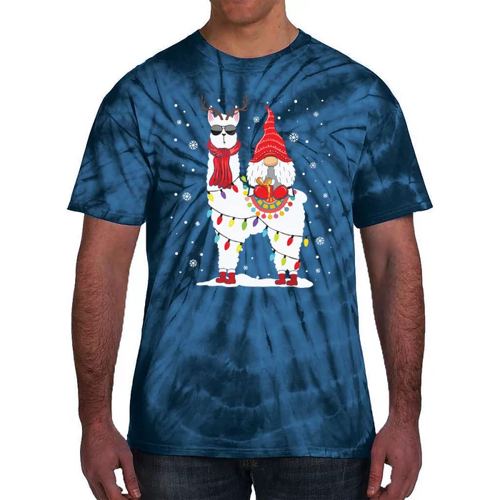 Santa Gnomes Riding Llama Reindeer Christmas Lights Tie-Dye T-Shirt