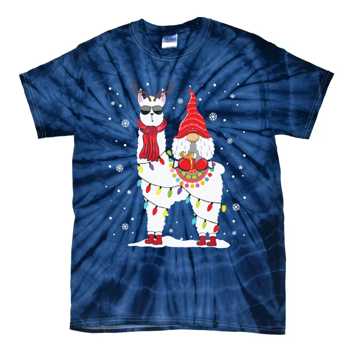 Santa Gnomes Riding Llama Reindeer Christmas Lights Tie-Dye T-Shirt