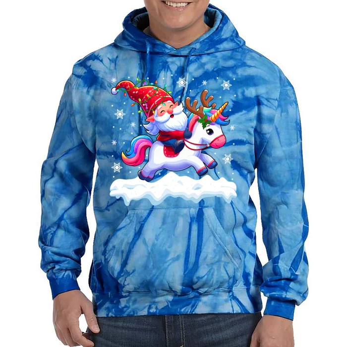 Santa Gnome Riding Reindeer Unicorn Xmas Lights Baubles Gift Tie Dye Hoodie