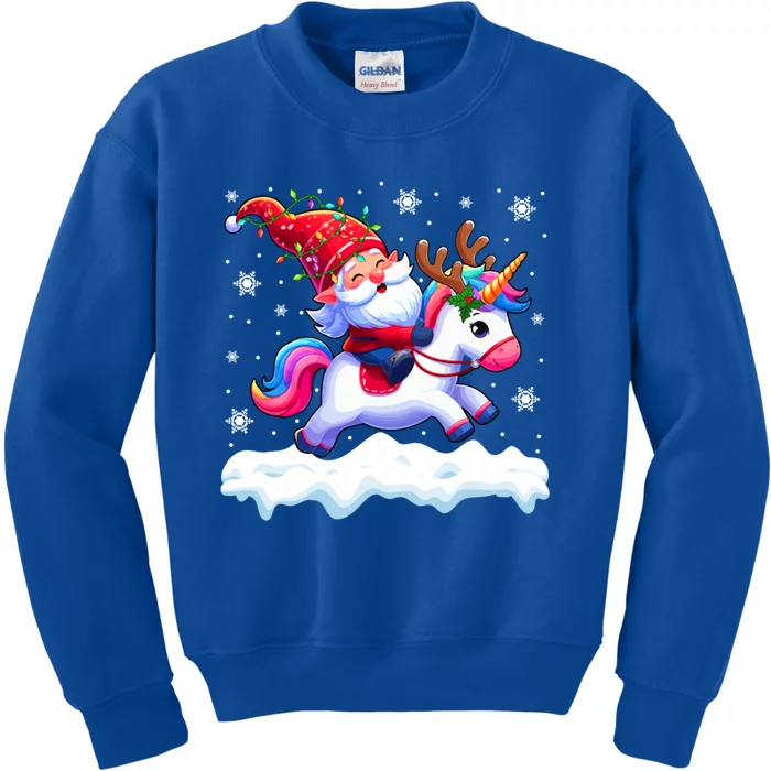 Santa Gnome Riding Reindeer Unicorn Xmas Lights Baubles Gift Kids Sweatshirt