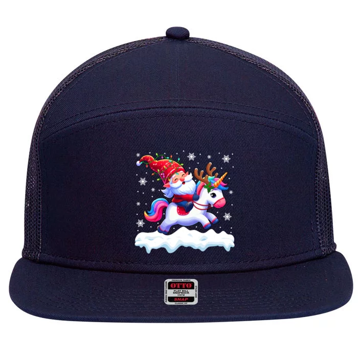 Santa Gnome Riding Reindeer Unicorn Xmas Lights Baubles Gift 7 Panel Mesh Trucker Snapback Hat