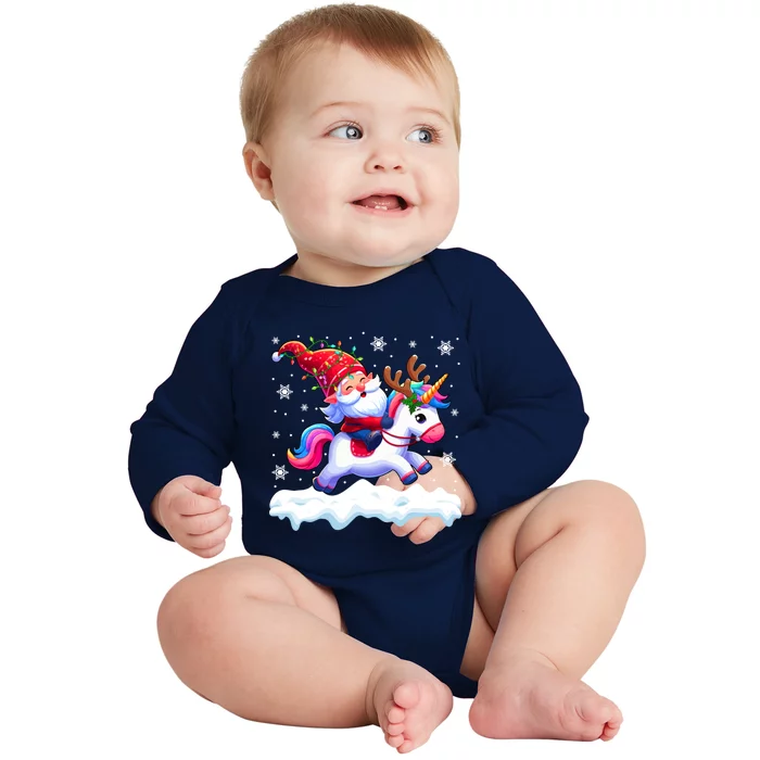 Santa Gnome Riding Reindeer Unicorn Xmas Lights Baubles Gift Baby Long Sleeve Bodysuit