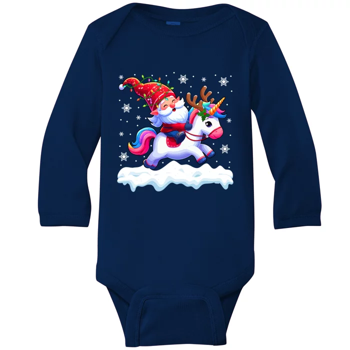 Santa Gnome Riding Reindeer Unicorn Xmas Lights Baubles Gift Baby Long Sleeve Bodysuit