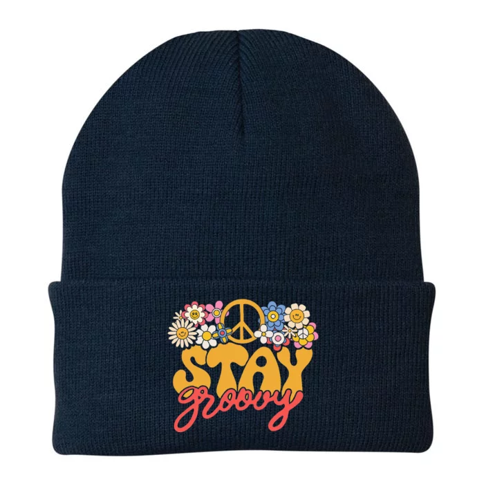 Stay Groovy Retro 70s 80s Floral Graphic Mama Mom Smile Knit Cap Winter Beanie