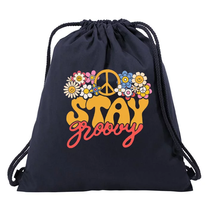 Stay Groovy Retro 70s 80s Floral Graphic Mama Mom Smile Drawstring Bag