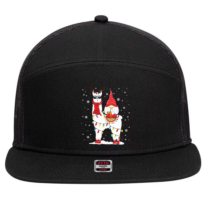 Santa Gnomes Riding Llama Reindeer Christmas Lights 7 Panel Mesh Trucker Snapback Hat