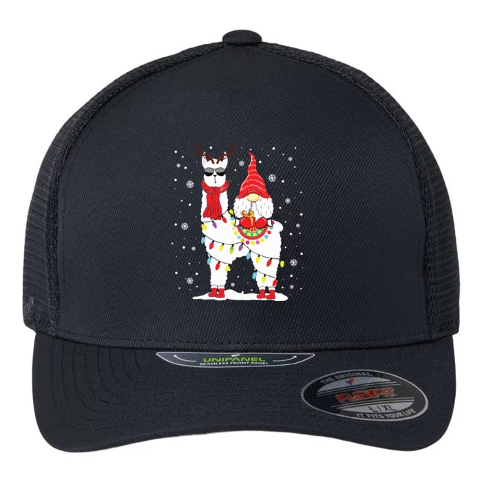 Santa Gnomes Riding Llama Reindeer Christmas Lights Flexfit Unipanel Trucker Cap