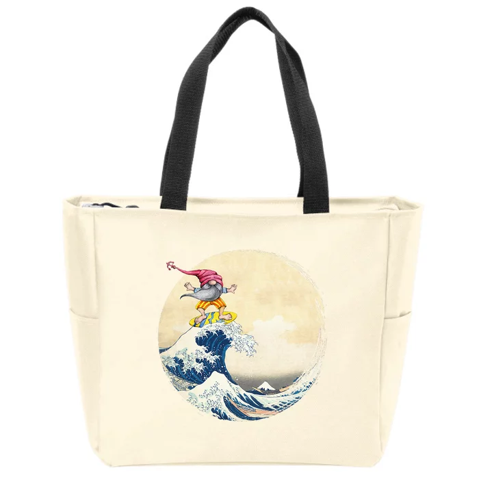 Surfing Gnome Riding Great Wave Off Kanagawa Gnome Zip Tote Bag