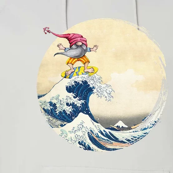 Surfing Gnome Riding Great Wave Off Kanagawa Gnome Performance Fleece Hoodie