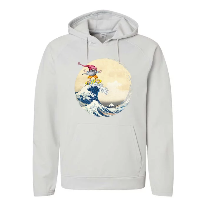 Surfing Gnome Riding Great Wave Off Kanagawa Gnome Performance Fleece Hoodie