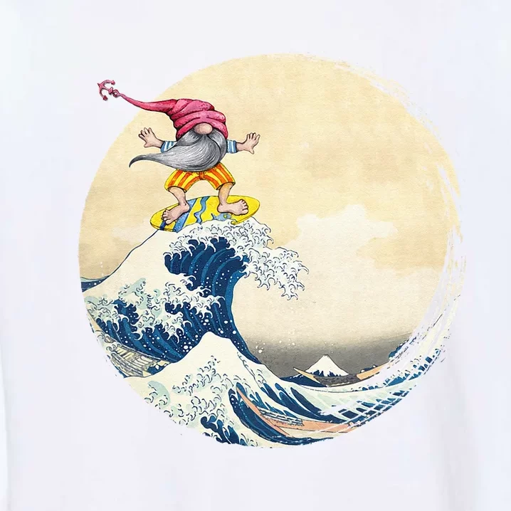 Surfing Gnome Riding Great Wave Off Kanagawa Gnome Garment-Dyed Sweatshirt