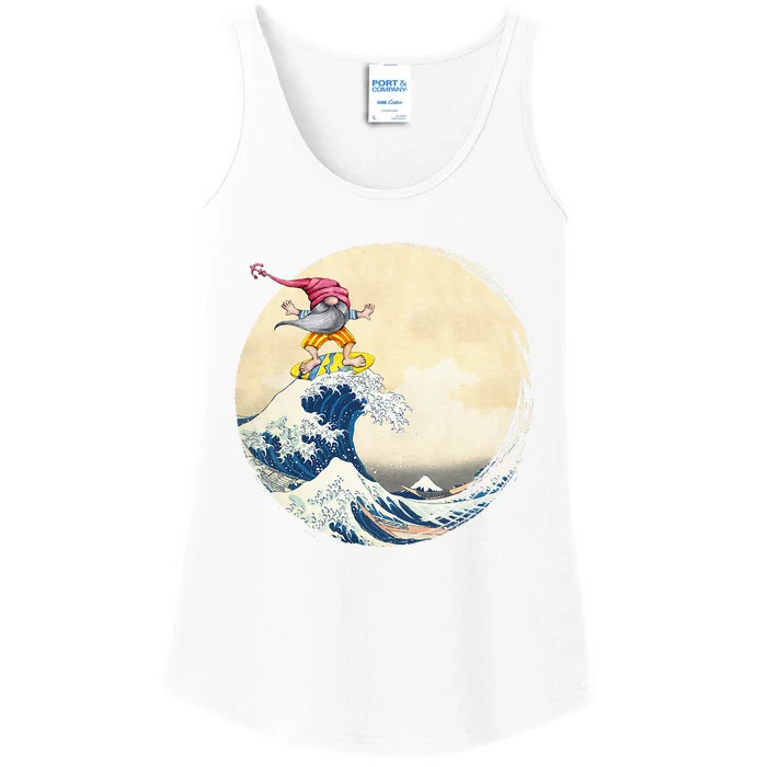 Surfing Gnome Riding Great Wave Off Kanagawa Gnome Ladies Essential Tank