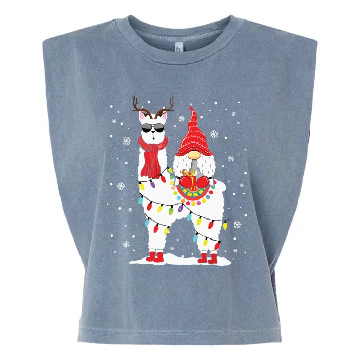 Santa Gnomes Riding Llama Reindeer Christmas Lights Garment-Dyed Women's Muscle Tee