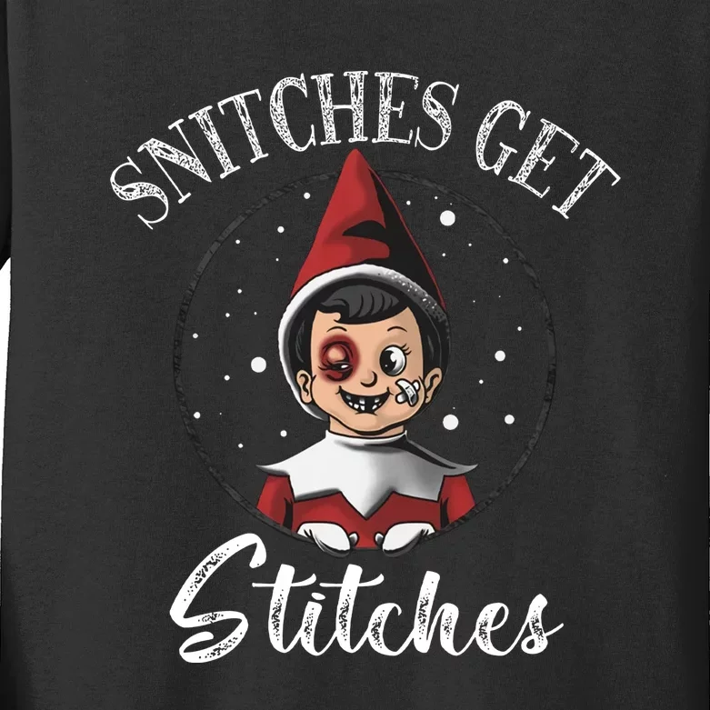 Snitches Get Stitches Elf On A Self Funny Christmas Xmas Holiday Kids Long Sleeve Shirt