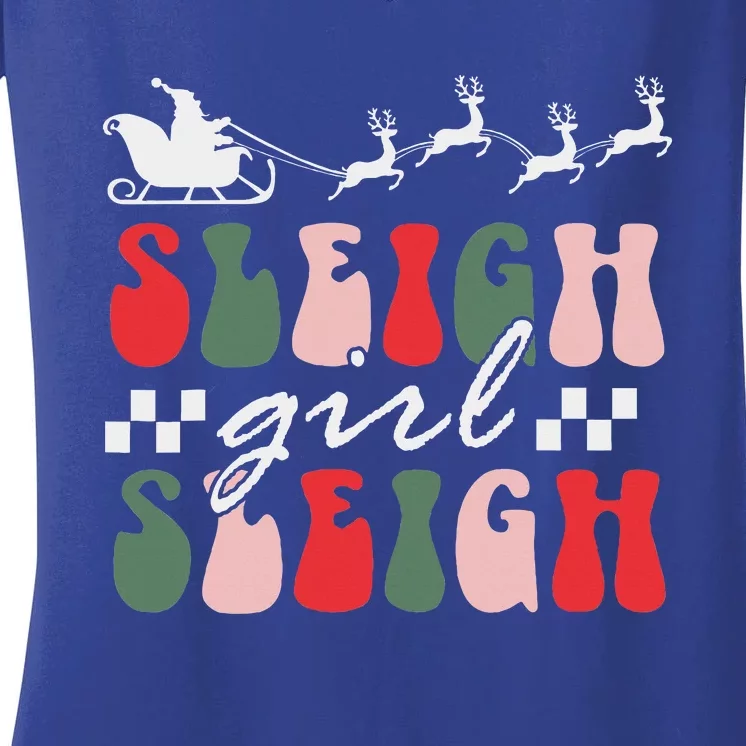 Sleigh girl sleigh funny christmas pun wo groovy xmas Women's V-Neck T-Shirt