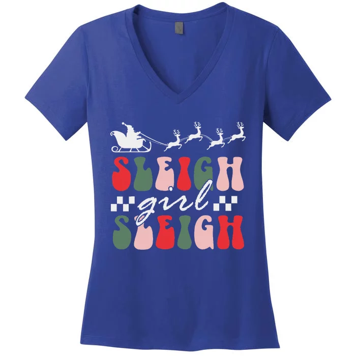 Sleigh girl sleigh funny christmas pun wo groovy xmas Women's V-Neck T-Shirt