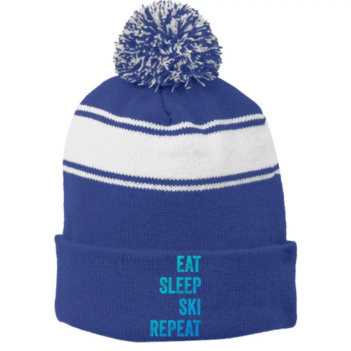 Skier Gift Skiing Eat Sleep Ski Repeat Gift Stripe Pom Pom Beanie