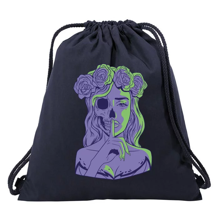 Scary Girl Skeleton Floral Drawstring Bag