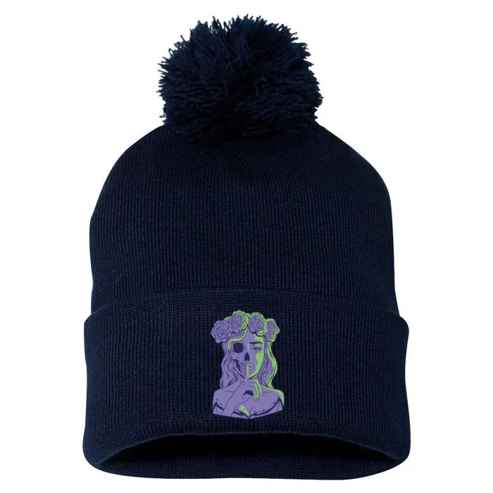 Scary Girl Skeleton Floral Pom Pom 12in Knit Beanie