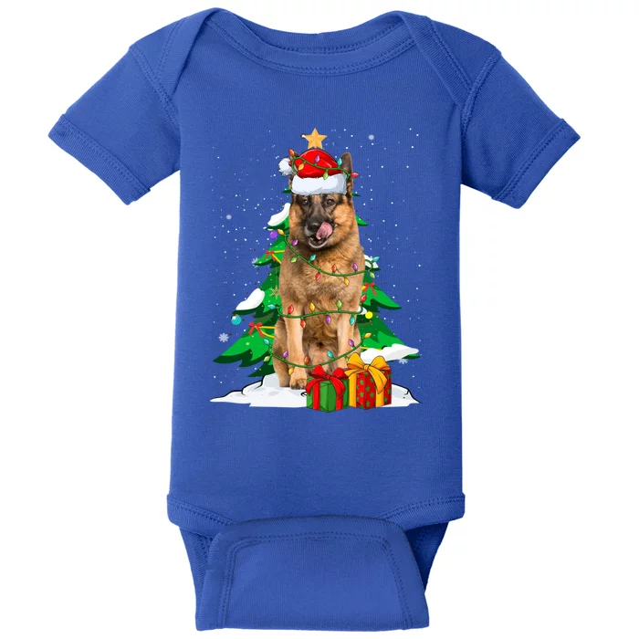 Santa Ger Shepherd Dog Xmas Tree Lights Merry Christmas Gift Baby Bodysuit