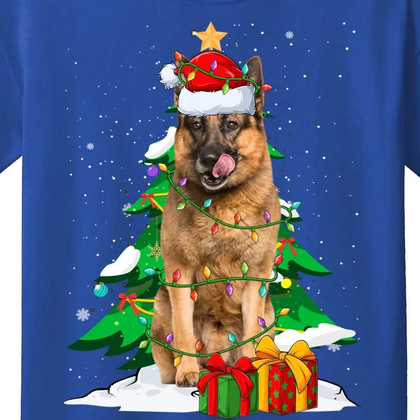 Santa Ger Shepherd Dog Xmas Tree Lights Merry Christmas Gift Kids T-Shirt