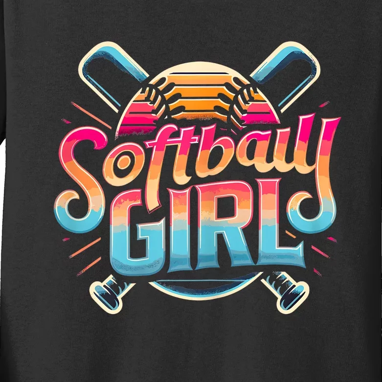 Softball Girl Softball Player Fan Kids Long Sleeve Shirt