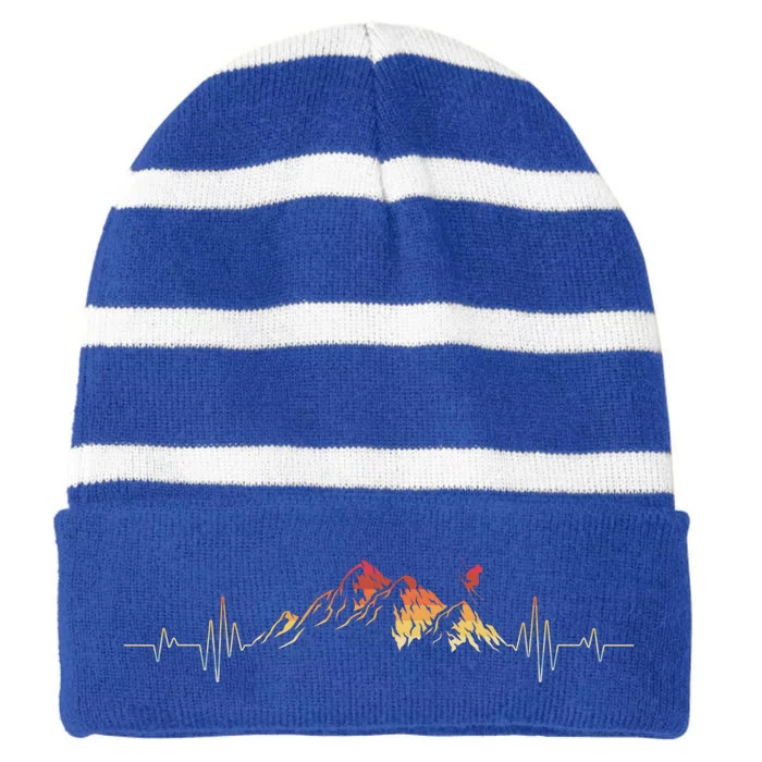 Ski Gift Skis Heartbeat Mountains Retro Skiing Ecg Gift Striped Beanie with Solid Band